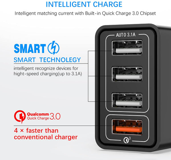 48W 4 Port USB Power Adapter - UK Plug - Mobile Phone Fast Charger (Quick Charge 3.0)